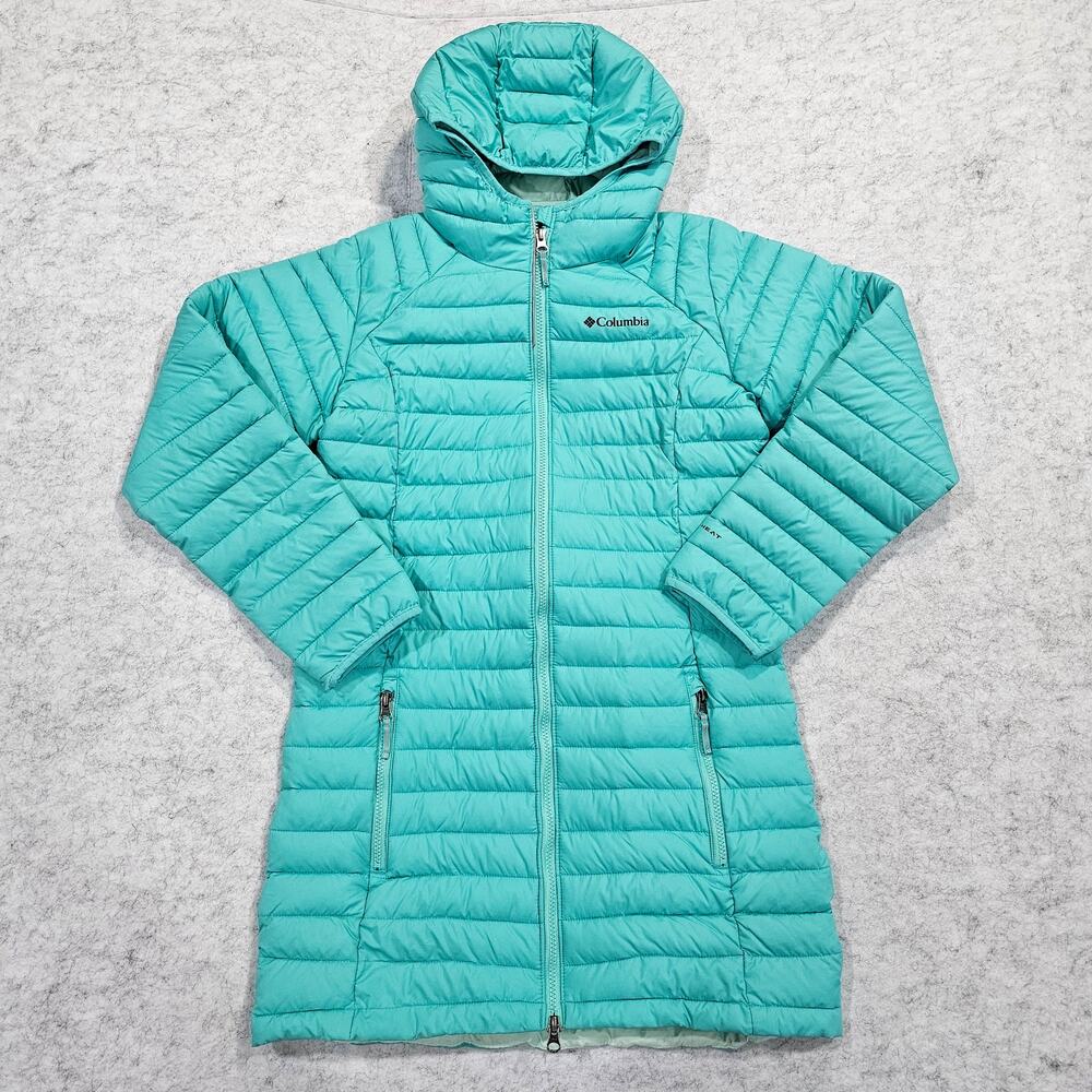 Columbia Puffer Coat Omni Heat Hooded Quilted Longline Turquoise Girls Sz Large